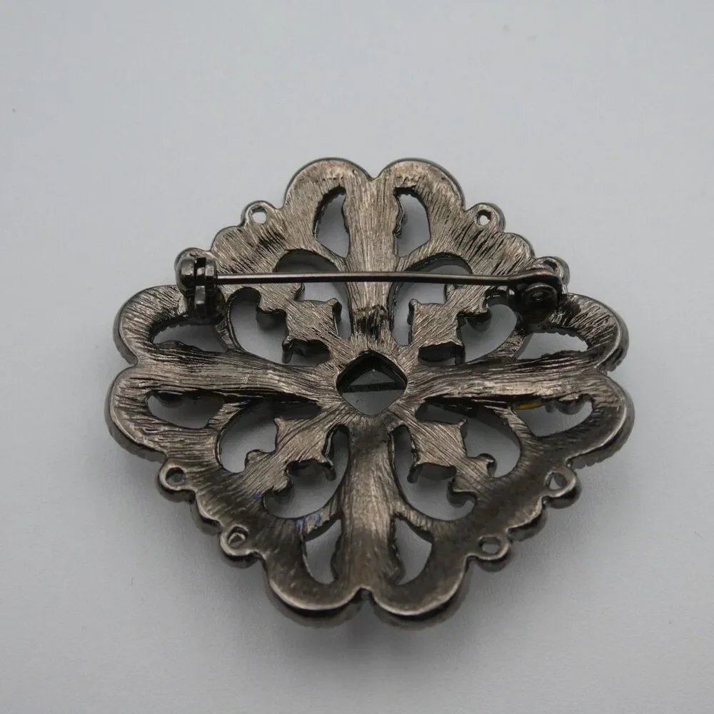 Vintage Gunmetal Openwork Filigree Brooch Olive Green Enamel Rhinestone Pin 1.5”